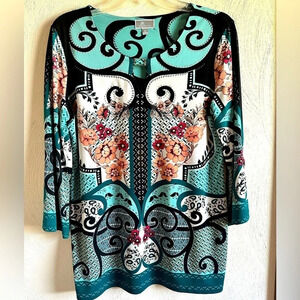JM Collection multicolored tunic Scoop neck Bell sleeve silver embellishments